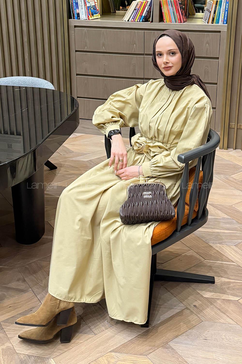 Beige Crew Neck Poplin Fabric Dresess