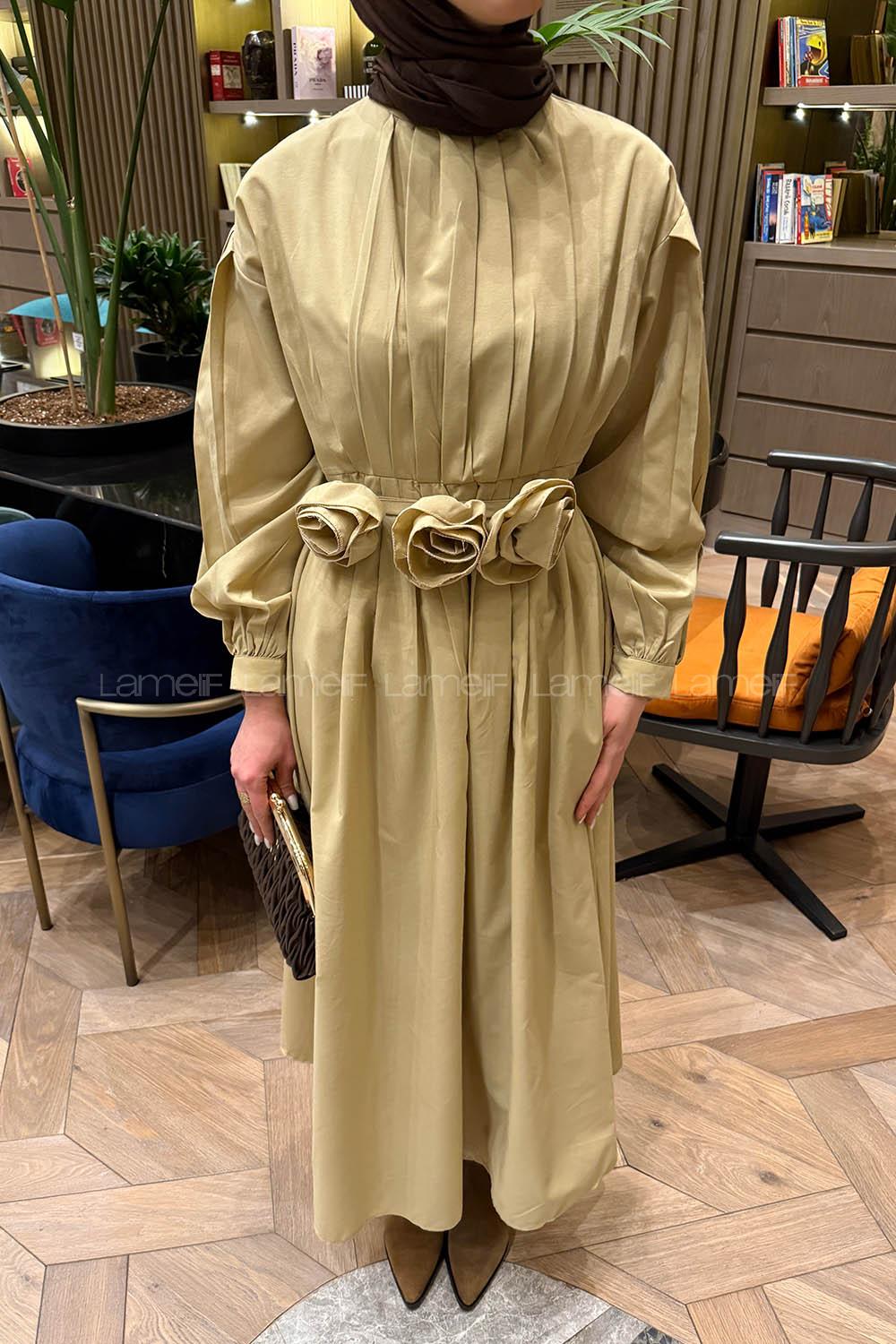 Beige Crew Neck Poplin Fabric Dresess