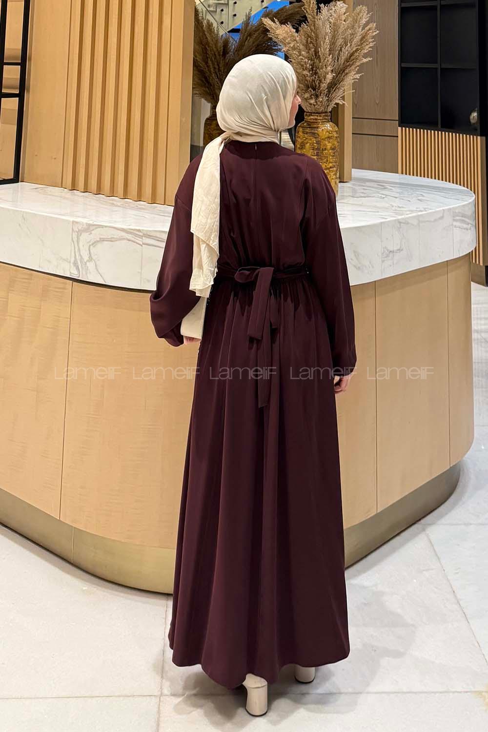 Lamelif Aksesuar Detaylı Tesettür Elbise Bordo