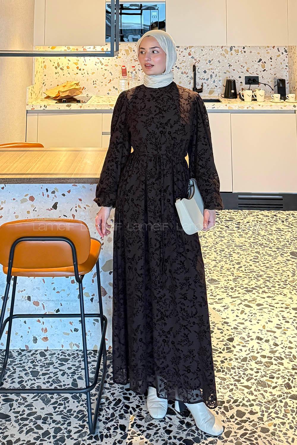 Lamelif Balon Kol Çiçek Baskılı Elbise Acı Kahve