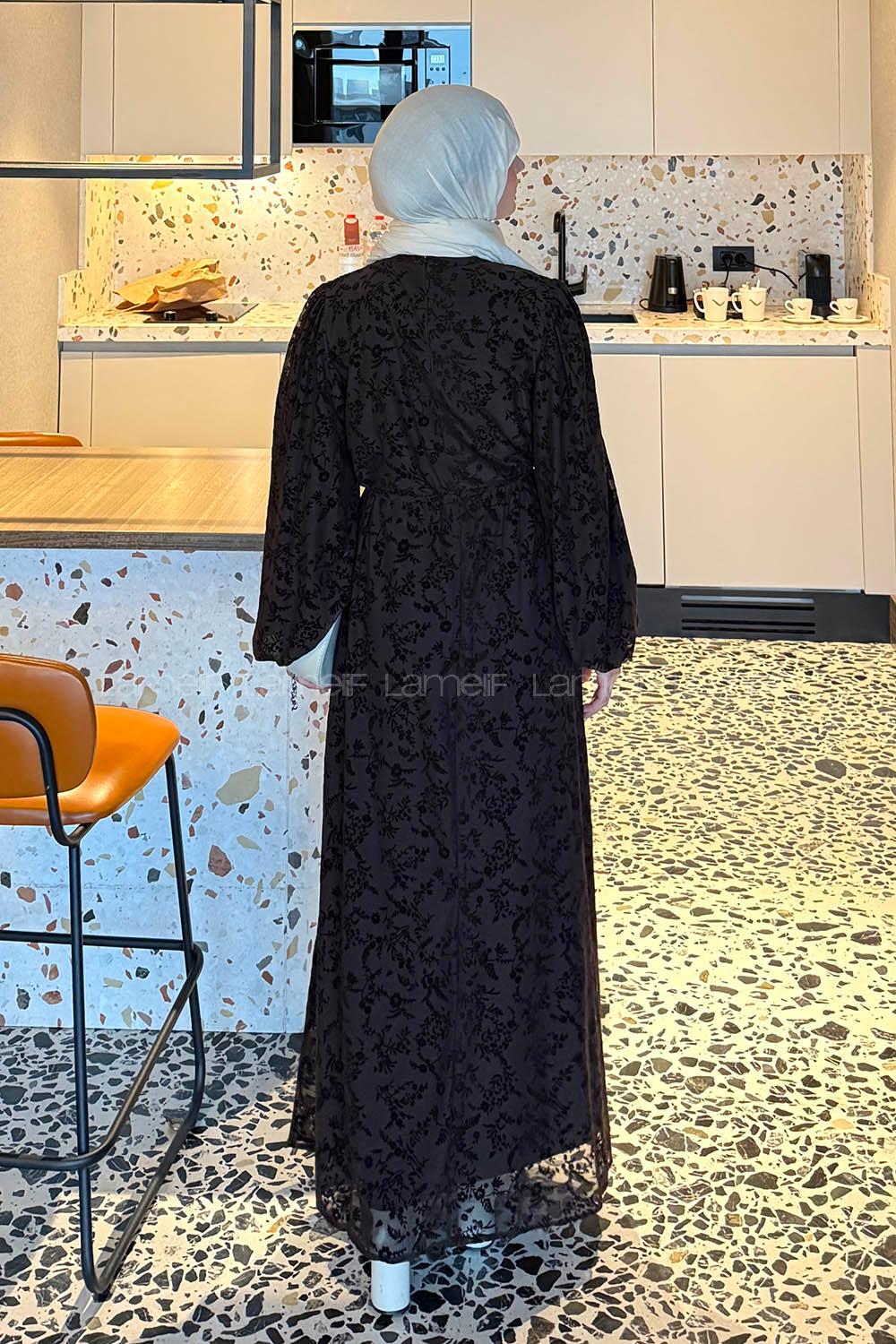 Lamelif Balon Kol Çiçek Baskılı Elbise Acı Kahve