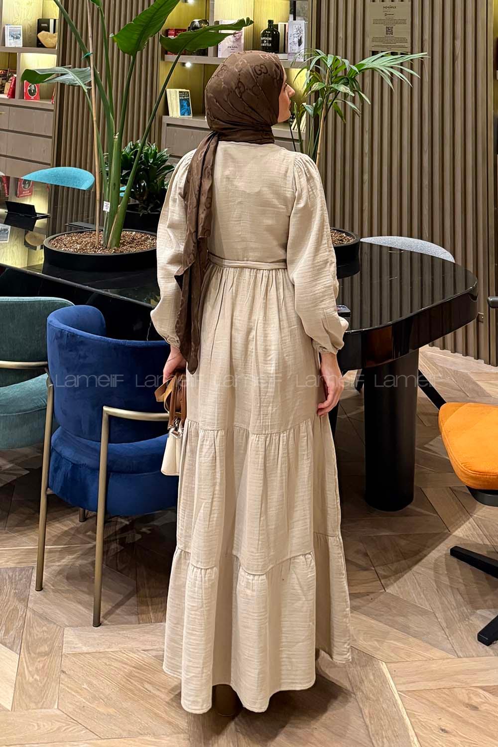 Lamelif Bel Büzgülü Tesettür Elbise  Sütlü Kahve