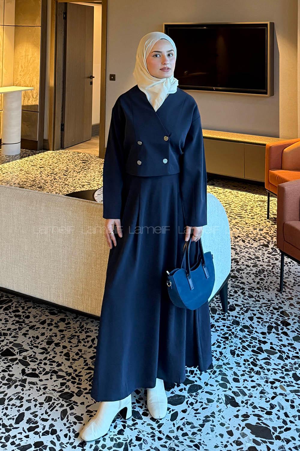 Navy Blue V Neck Long Arm Polyester Flared Skirt Suit