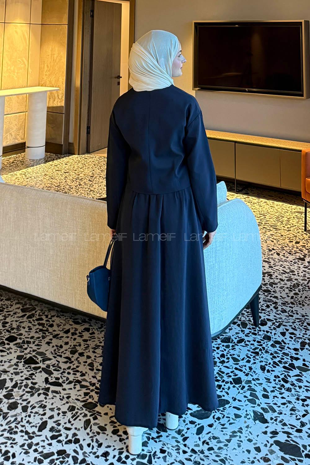 Navy Blue V Neck Long Arm Polyester Flared Skirt Suit
