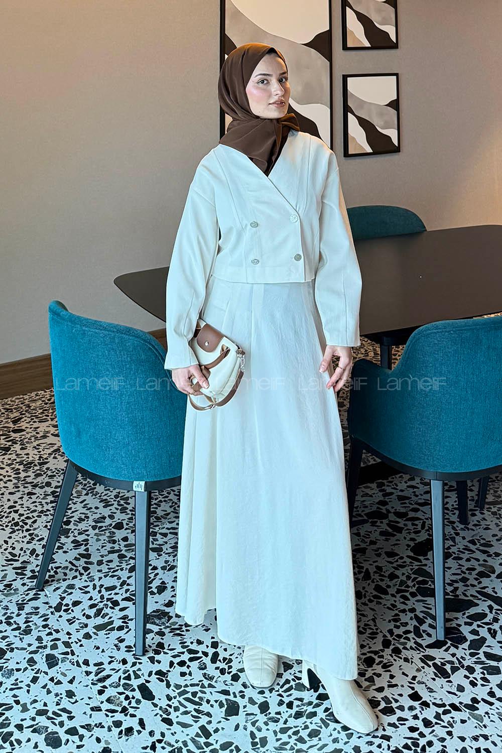 Stone V Neck Long Arm Polyester Flared Skirt Suit