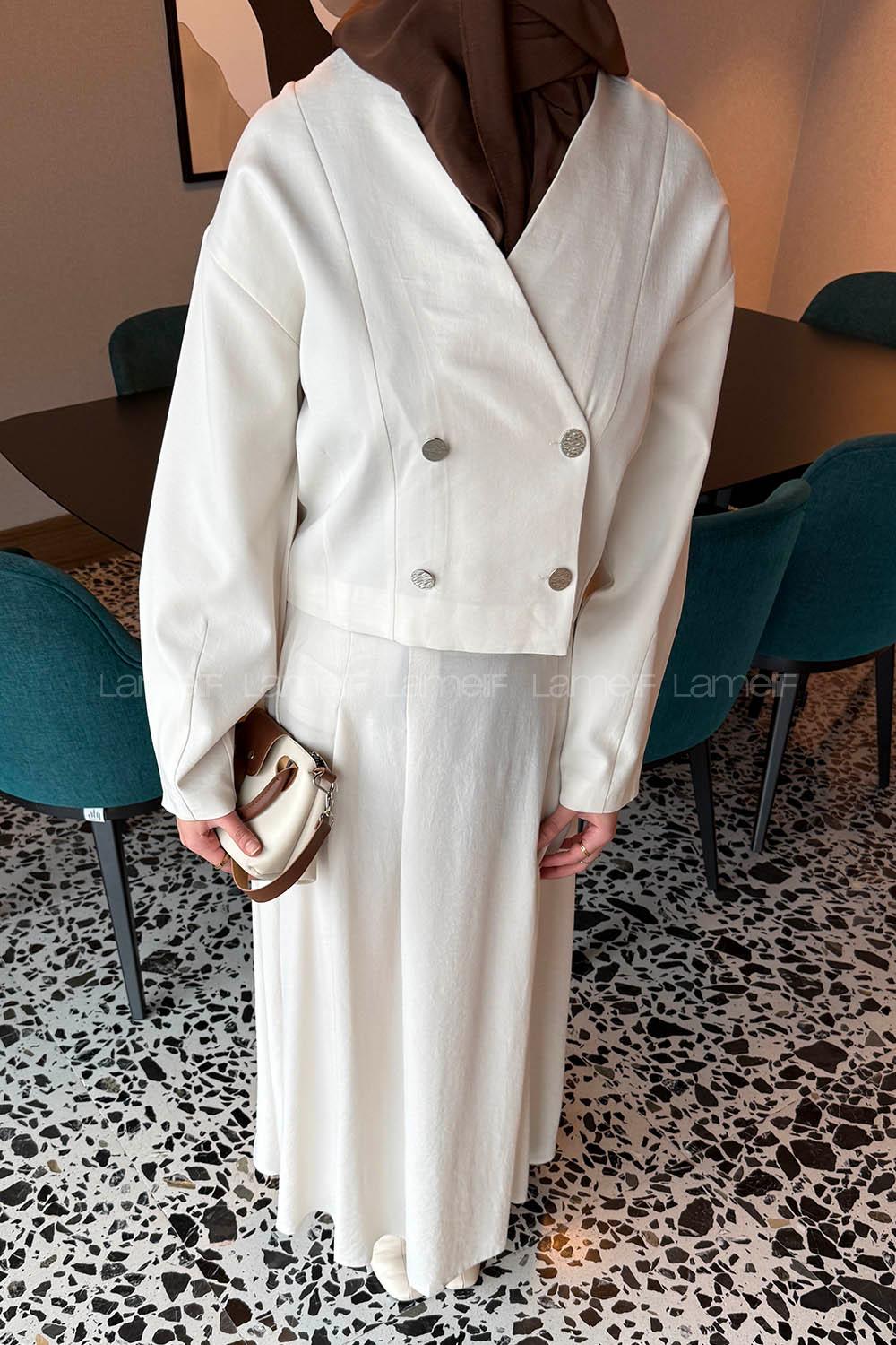 Stone V Neck Long Arm Polyester Flared Skirt Suit