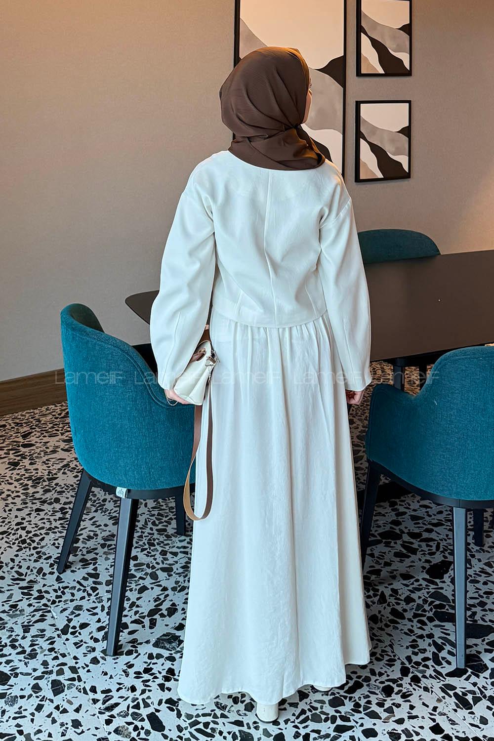 Stone V Neck Long Arm Polyester Flared Skirt Suit