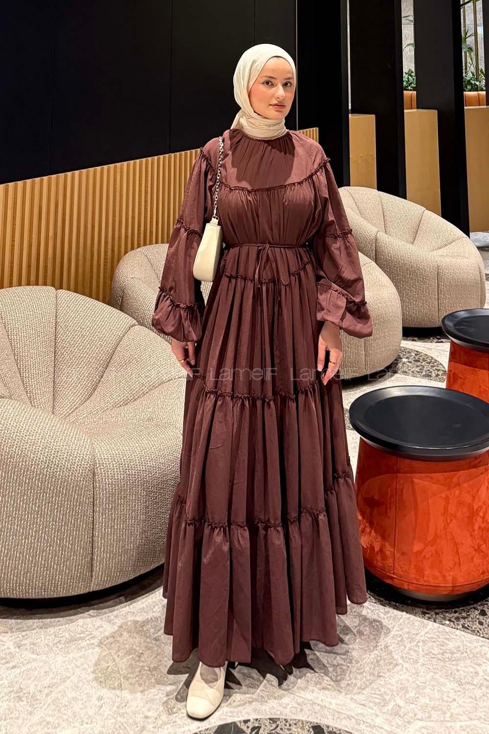 Lamelif Fırfır Detaylı Tesettür Elbise Acı Kahve