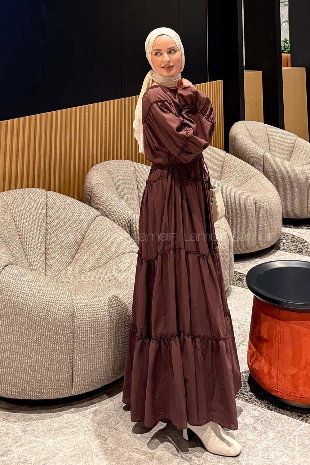 Lamelif Fırfır Detaylı Tesettür Elbise Acı Kahve