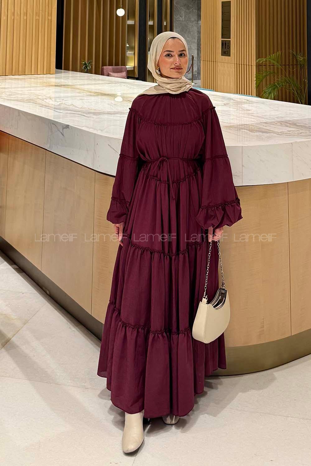 Lamelif Fırfır Detaylı Tesettür Elbise Patlıcan Moru