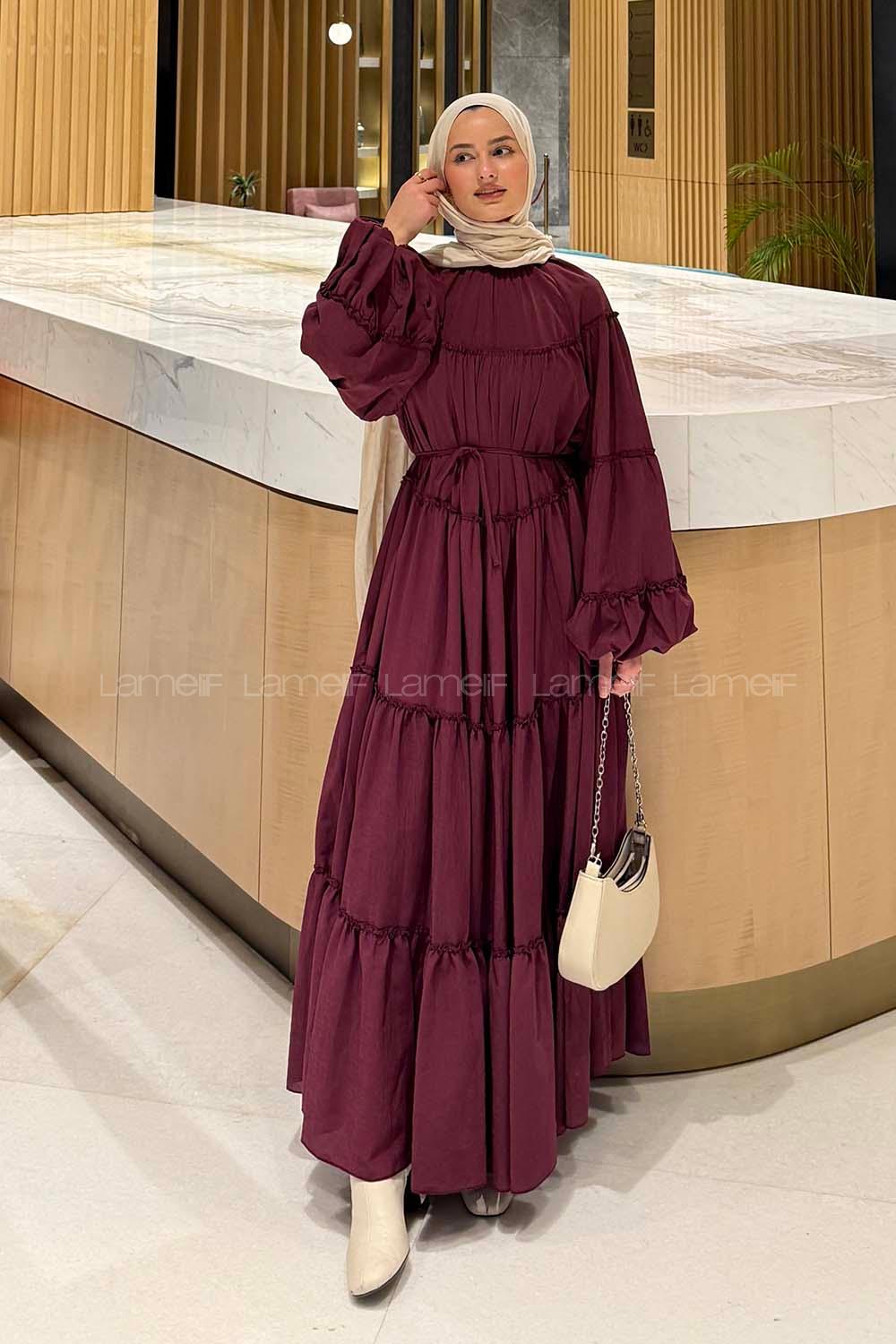 Lamelif Fırfır Detaylı Tesettür Elbise Patlıcan Moru
