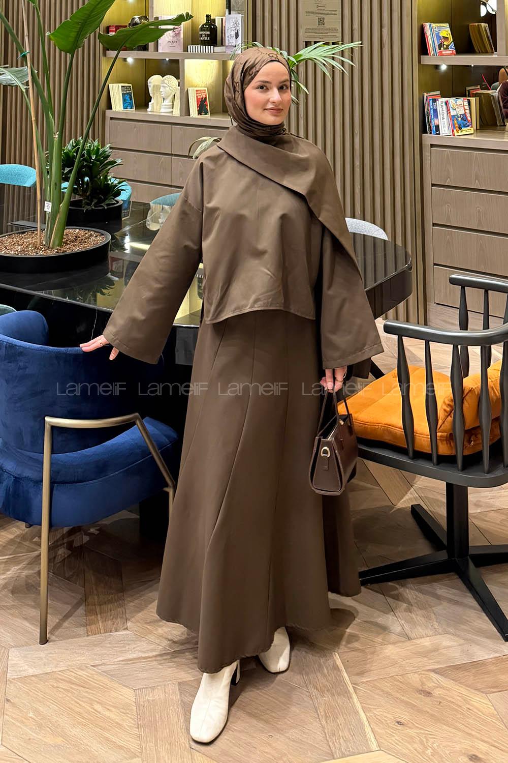 Lamelif Fular Yaka Etekli Takım Acı Kahve