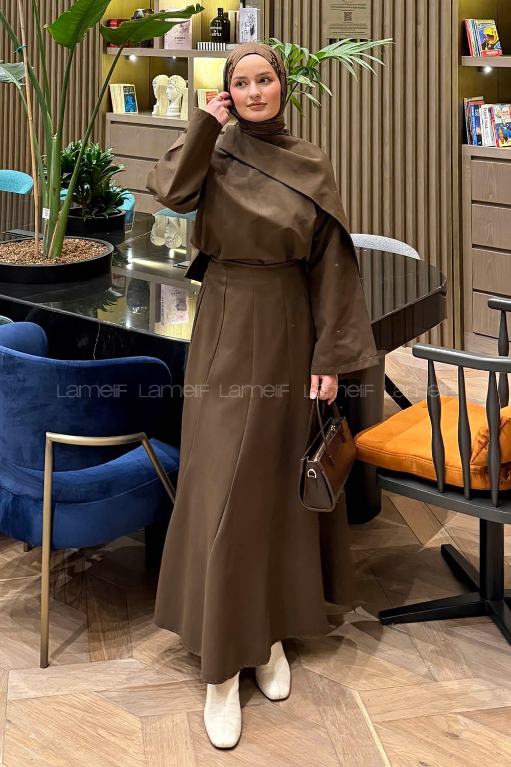 Lamelif Fular Yaka Etekli Takım Acı Kahve