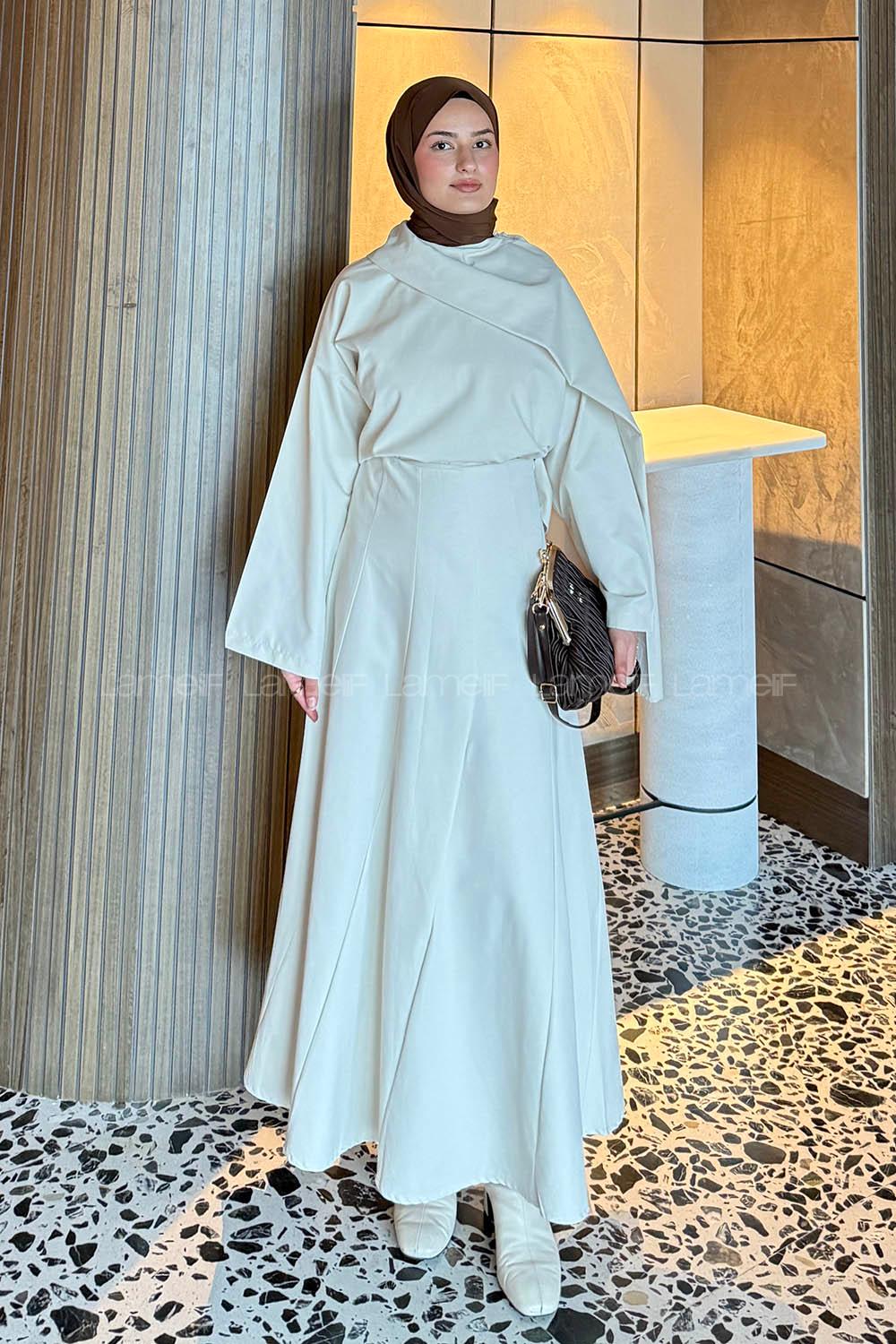 Lamelif Fular Yaka Etekli Takım Taş Rengi