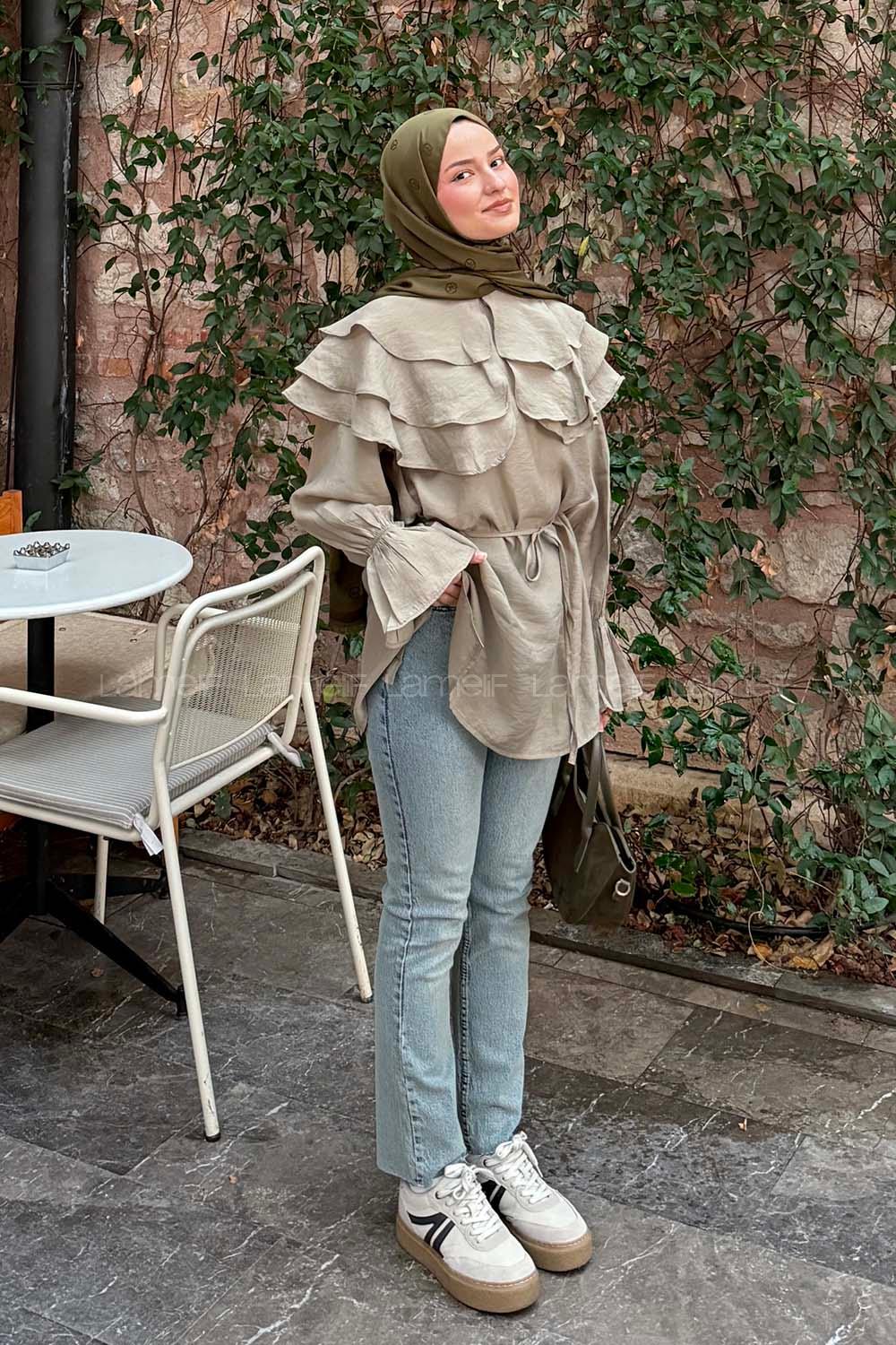 Lamelif Geniş Katlı Yakalı Gömlek Haki