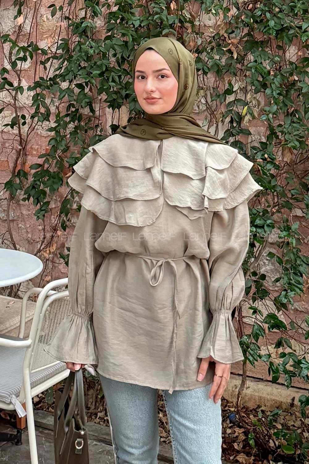 Lamelif Geniş Katlı Yakalı Gömlek Haki