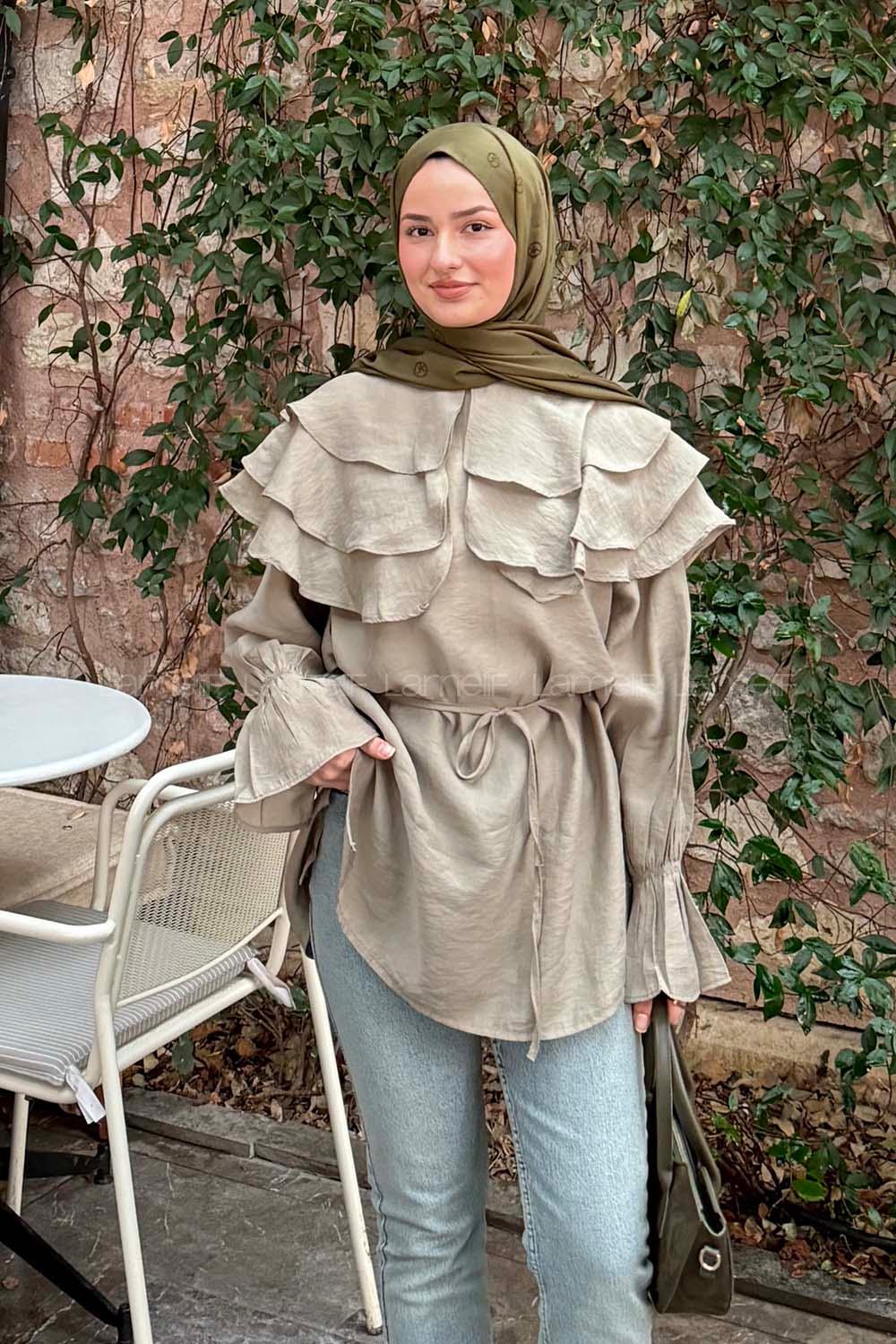 Lamelif Geniş Katlı Yakalı Gömlek Haki