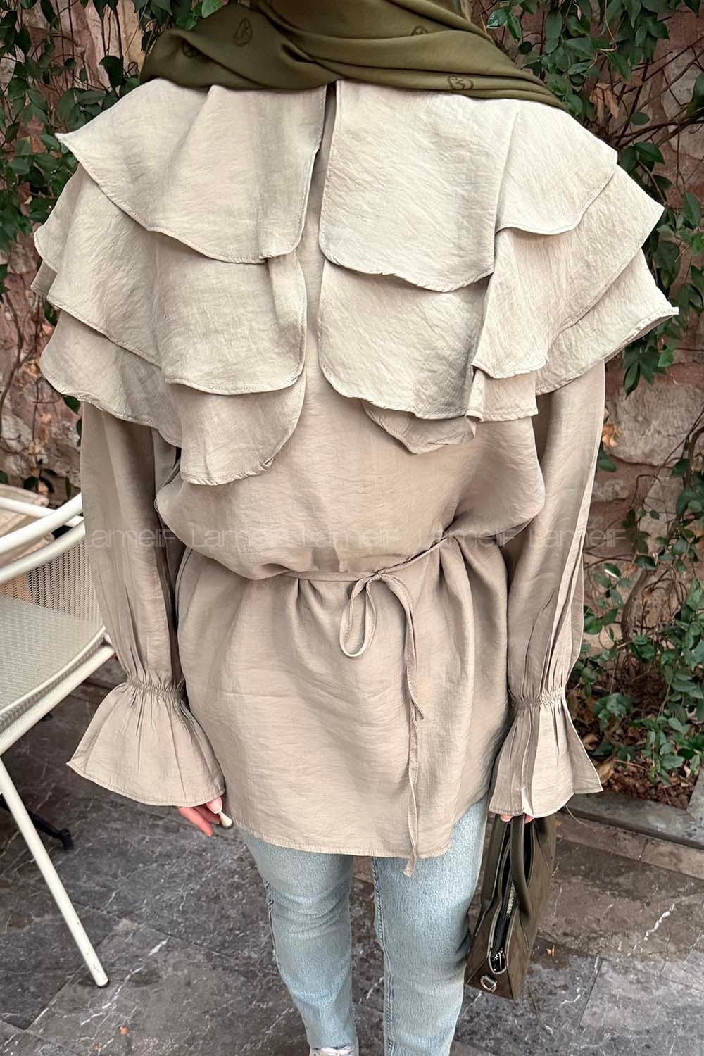 Lamelif Geniş Katlı Yakalı Gömlek Haki