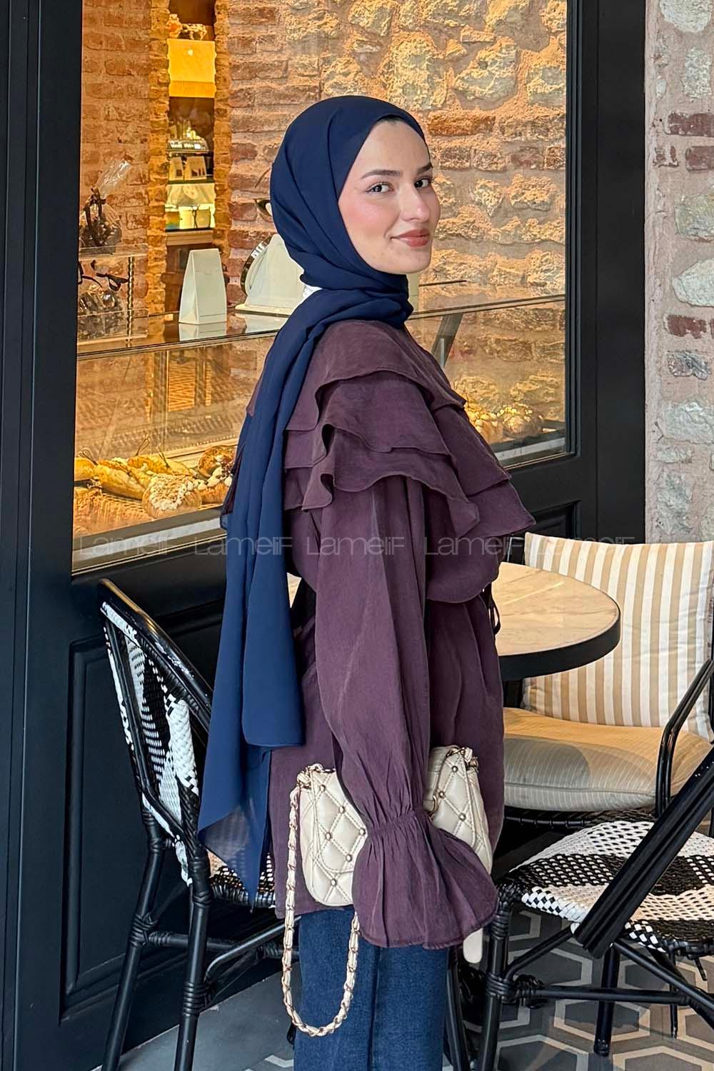 Lamelif Geniş Katlı Yakalı Gömlek Mürdüm