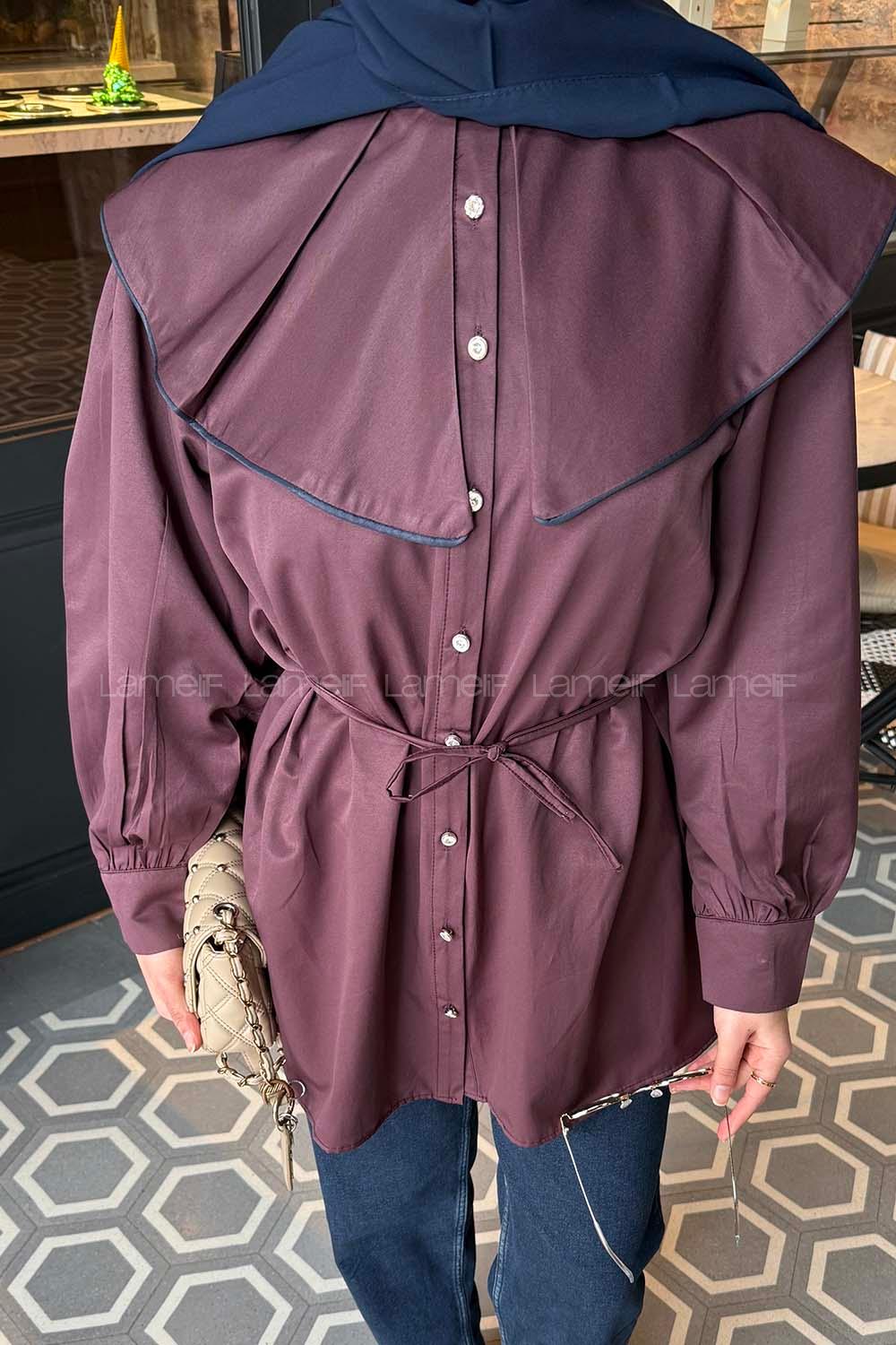 Lamelif Geniş Yakalı Biyeli Gömlek Mürdüm