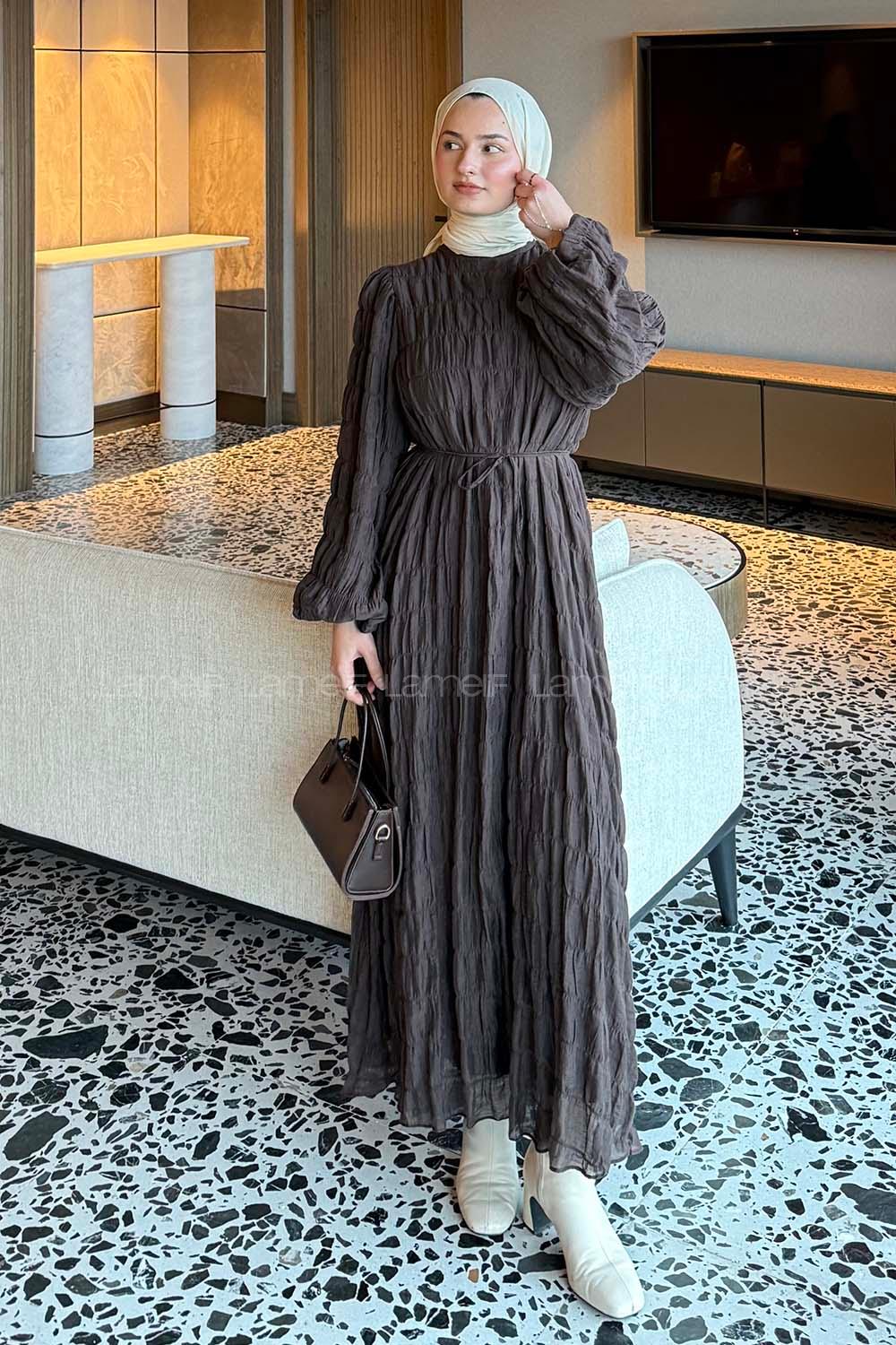 Lamelif Gipeli Modal Tesettür Elbise Acı Kahve