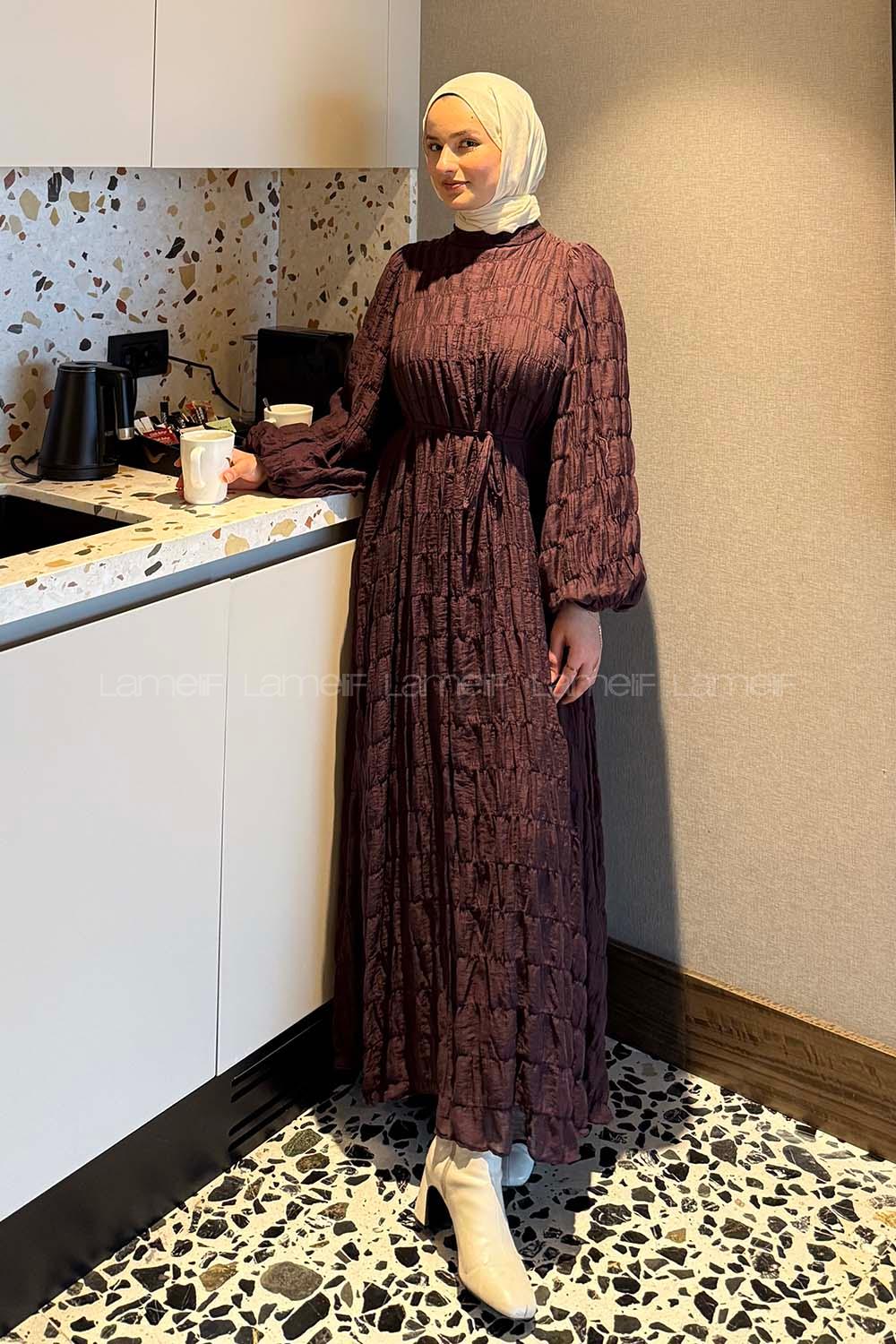 Lamelif Gipeli Modal Tesettür Elbise Mürdüm