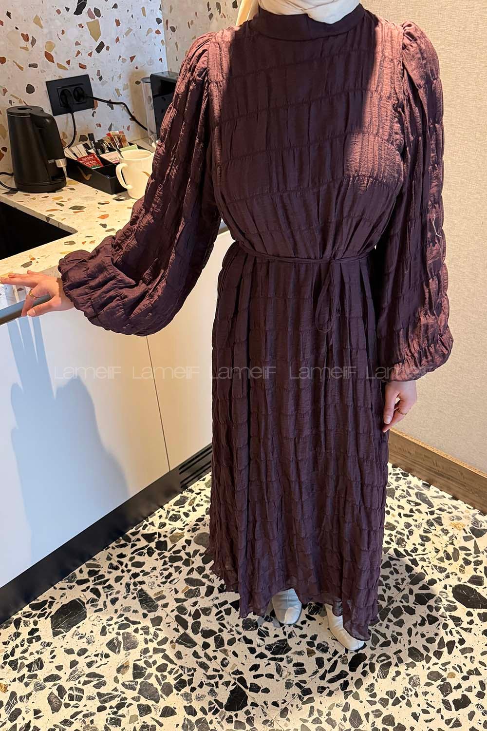 Lamelif Gipeli Modal Tesettür Elbise Mürdüm