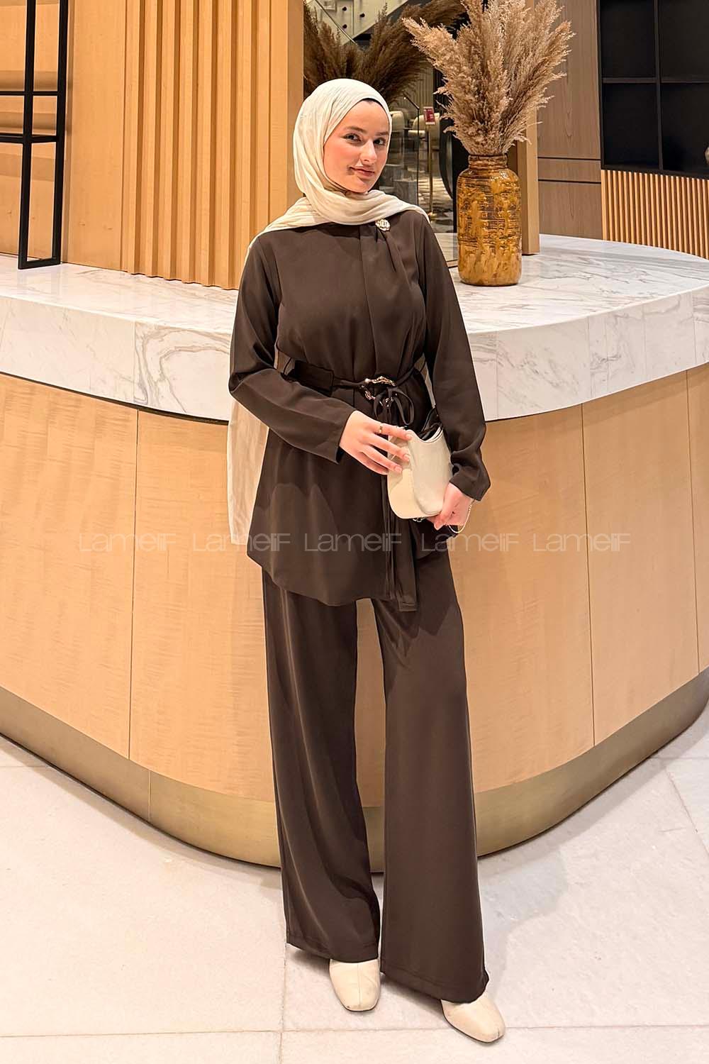 Lamelif Gold Toka Detaylı Tesettür Takım Acı Kahve