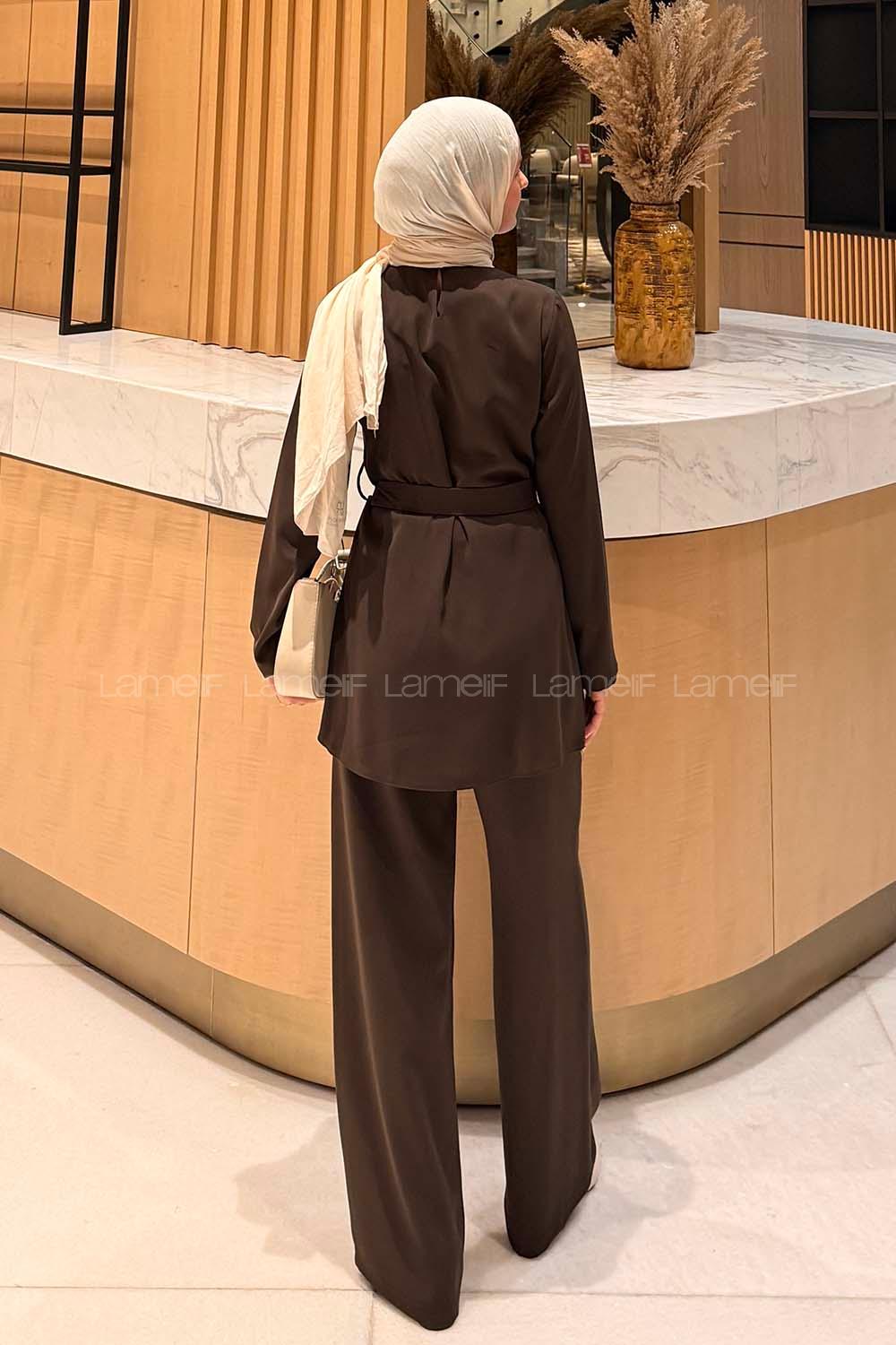 Lamelif Gold Toka Detaylı Tesettür Takım Acı Kahve