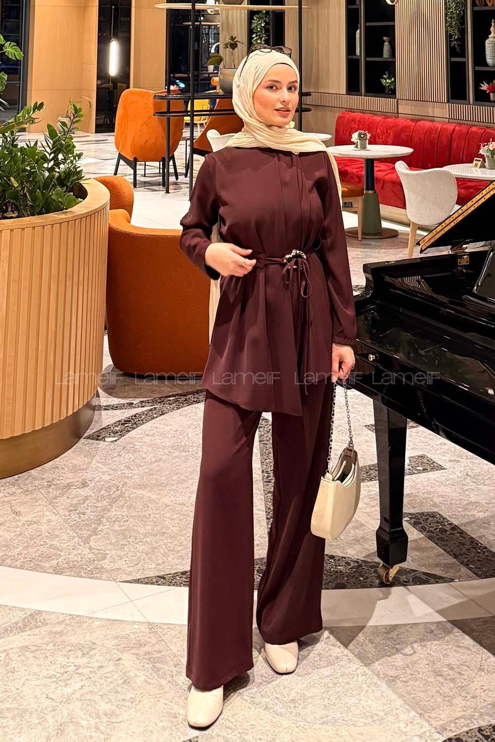 Lamelif Gold Toka Detaylı Tesettür Takım Bordo