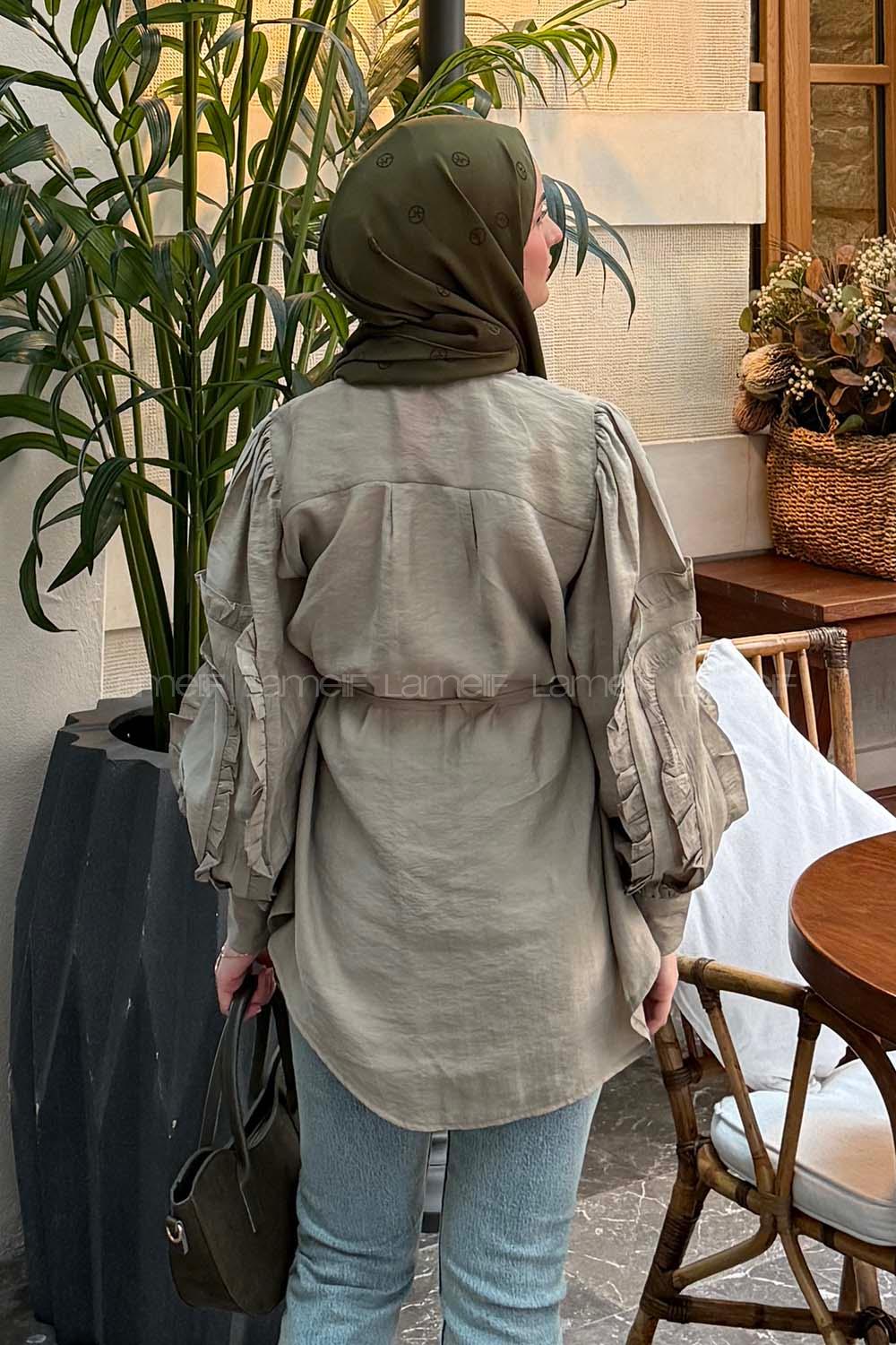 Lamelif Kol Fırfırlı Tesettür Gömlek Haki
