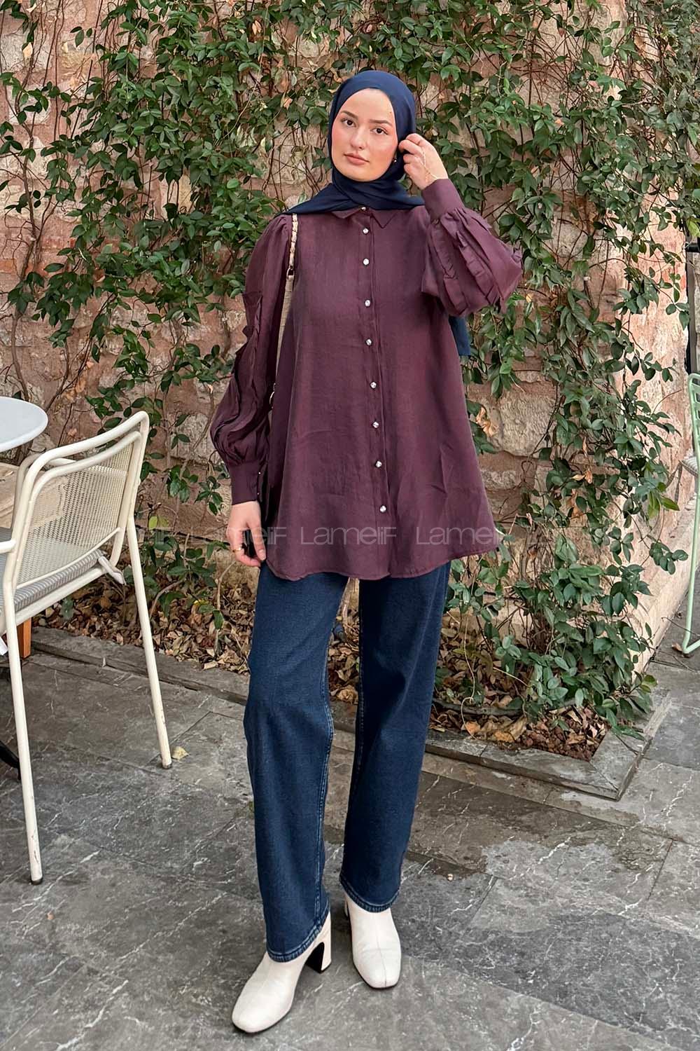 Lamelif Kol Fırfırlı Tesettür Gömlek Mürdüm