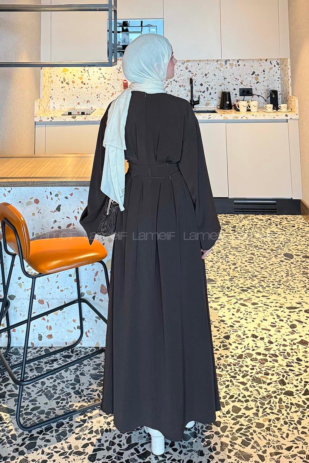 Lamelif Nora Bağcıklı Tesettür Elbise Acı Kahve