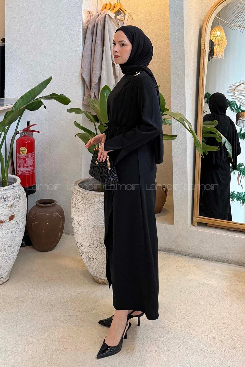 Lamelif Broş Detaylı Tesettür Elbise Siyah