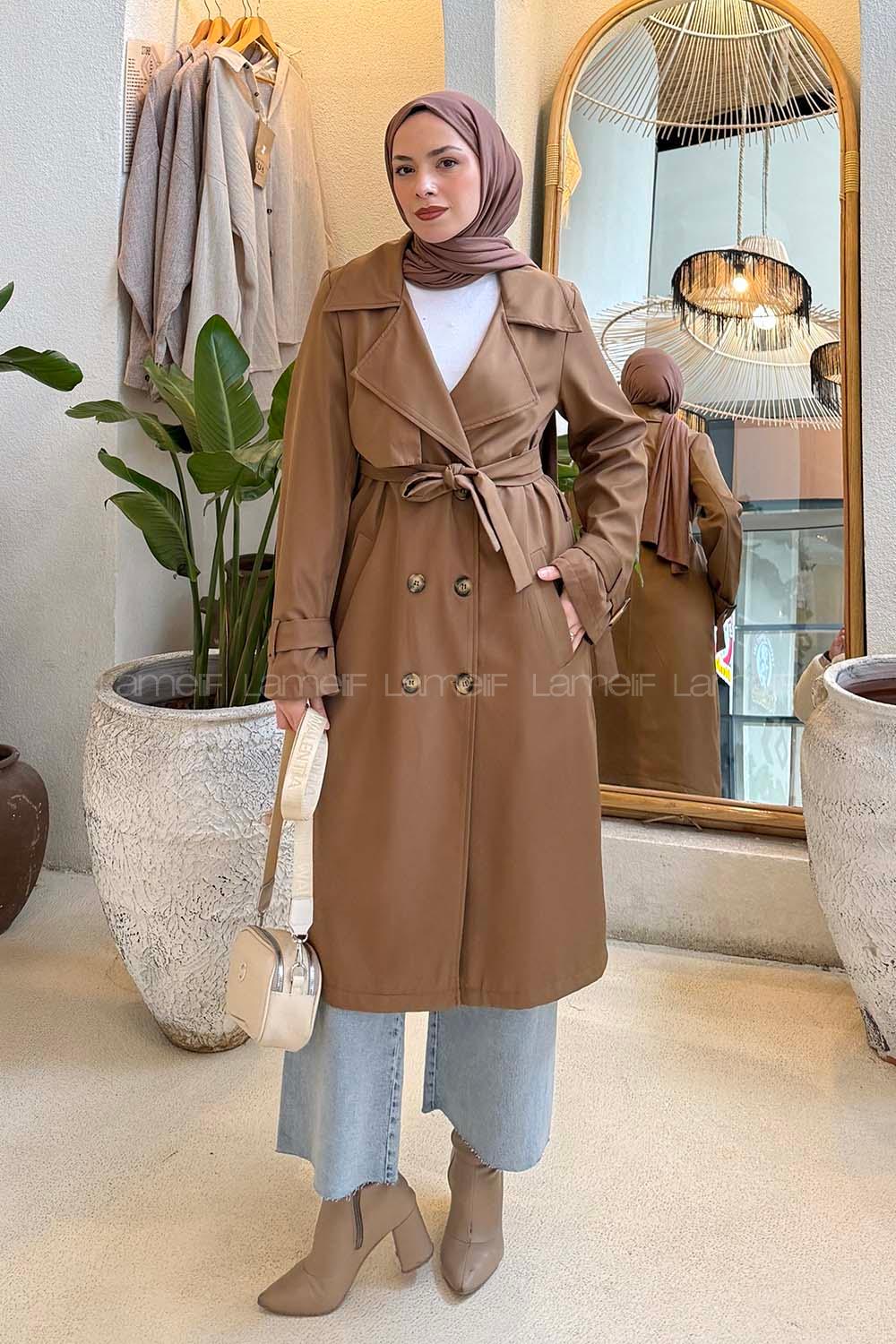 Lamelif Klasik Kuşaklı Trenç Soft Taba