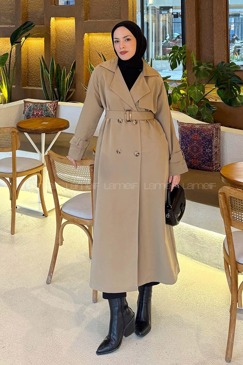 Lamelif Kol Kemerli Trençkot Camel
