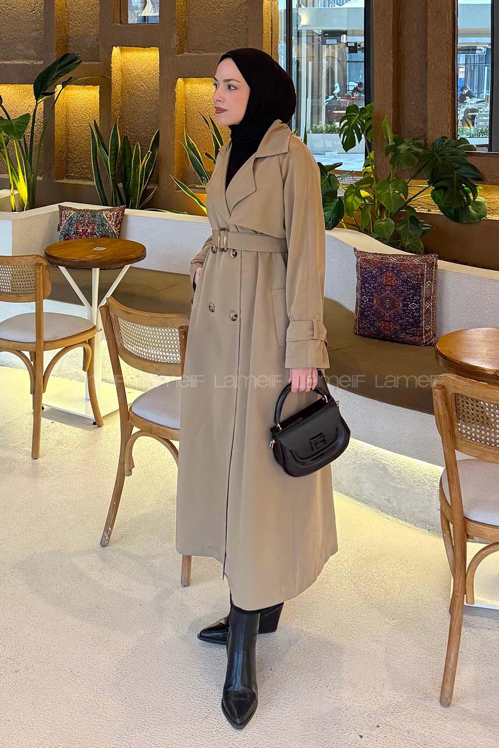 Lamelif Kol Kemerli Trençkot Camel