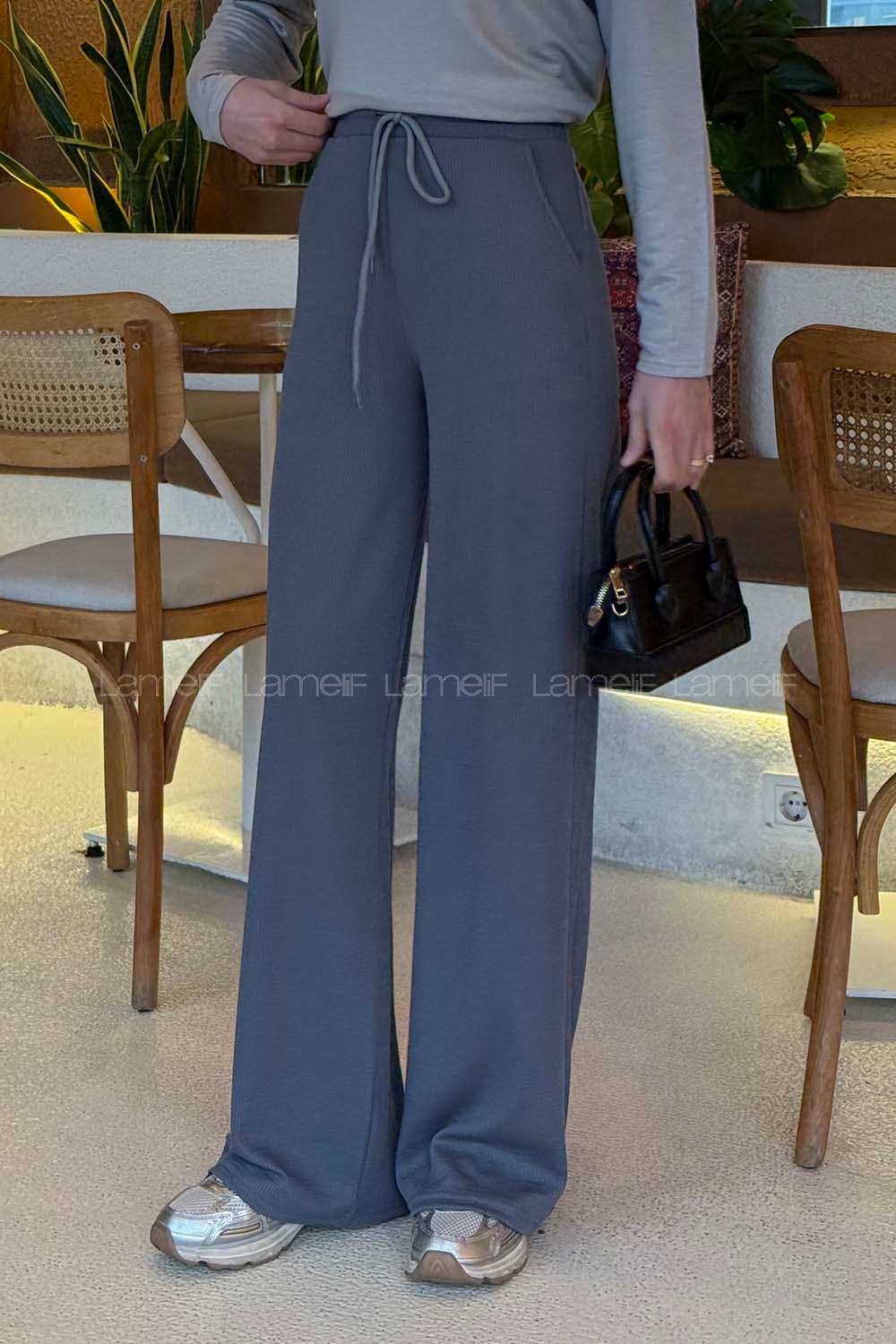 Lamelif Örgü Kumaş Geniş Paça Eşofman Gri