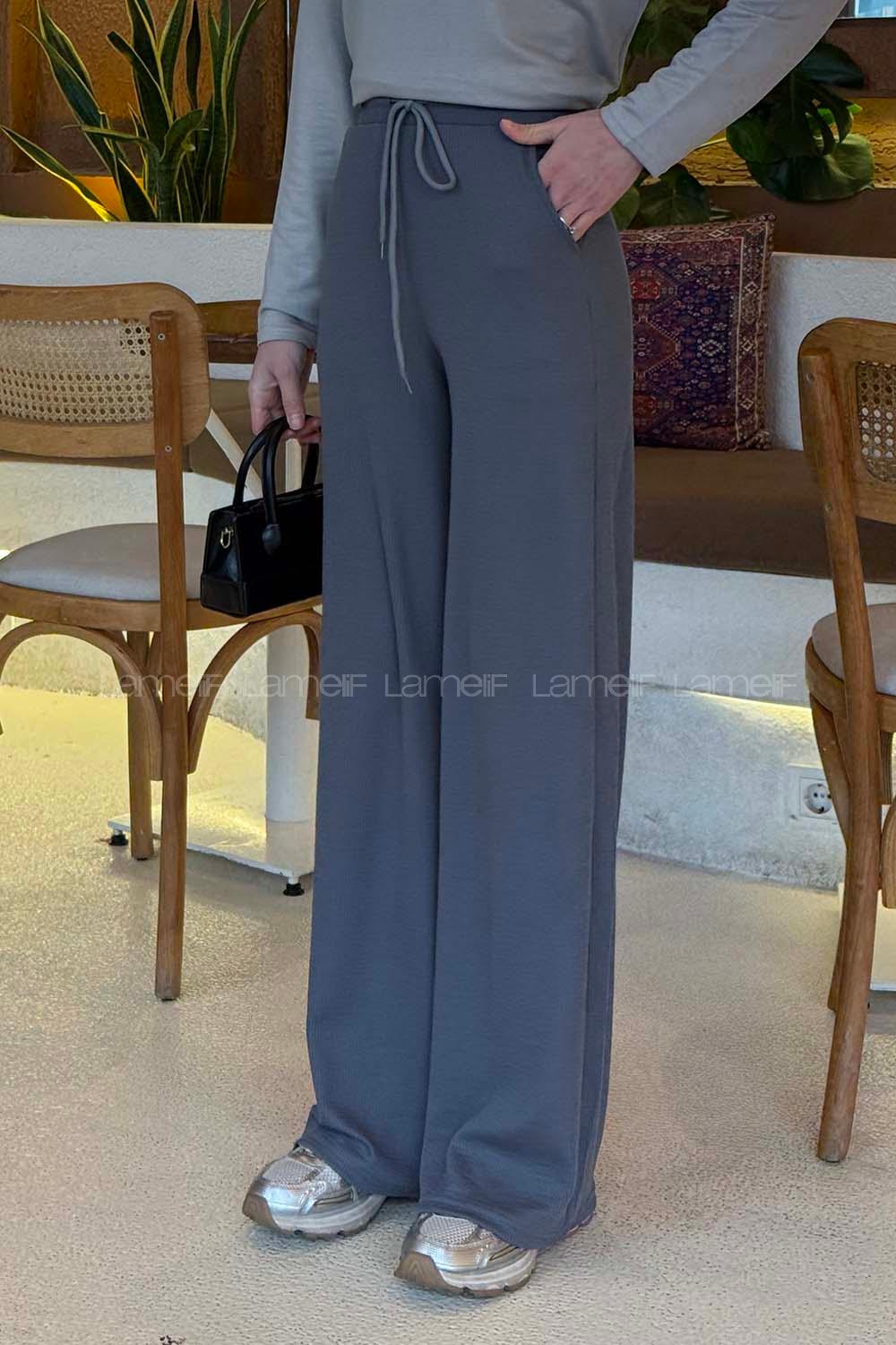 Lamelif Örgü Kumaş Geniş Paça Eşofman Gri