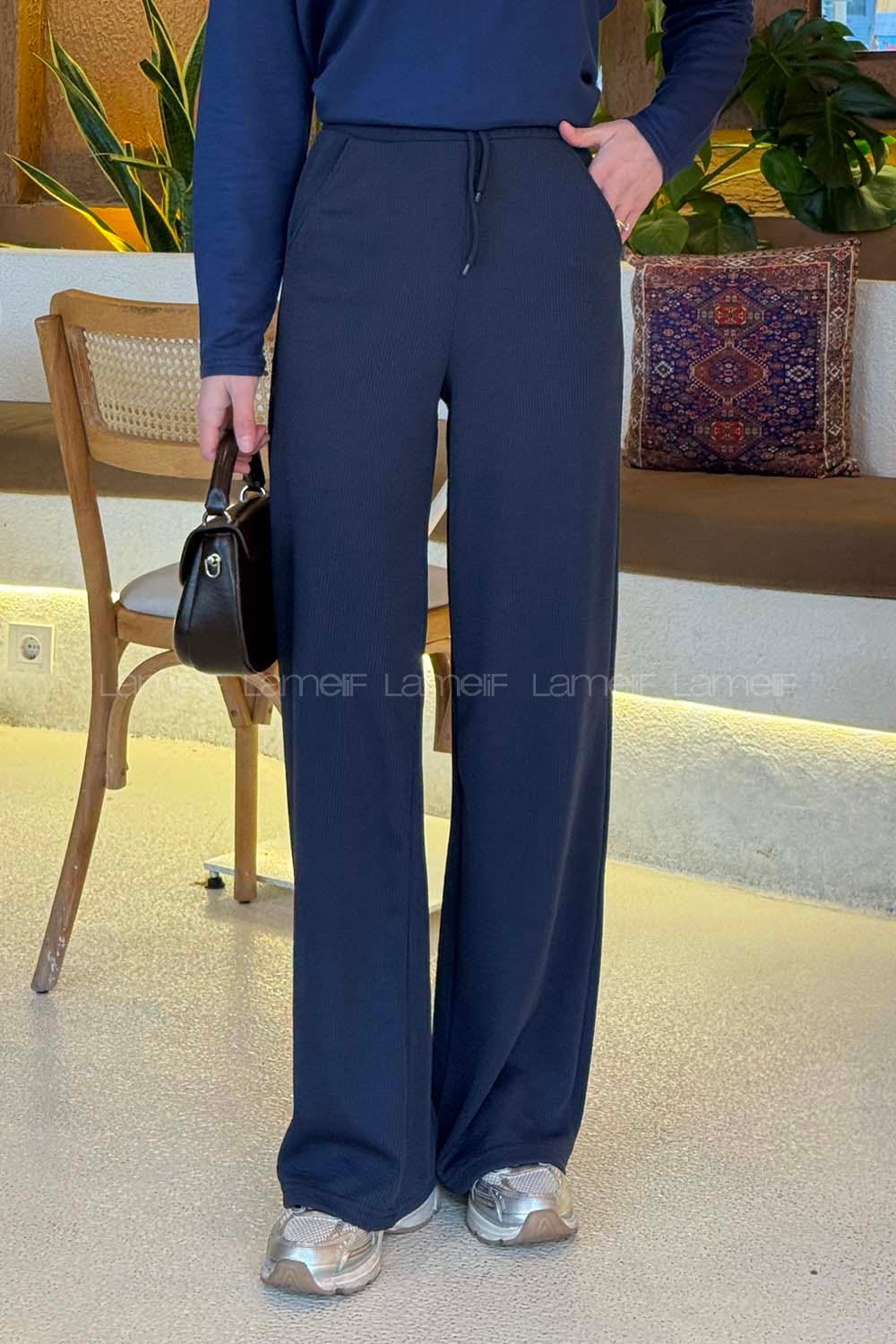 Lamelif Örgü Kumaş Geniş Paça Eşofman Lacivert