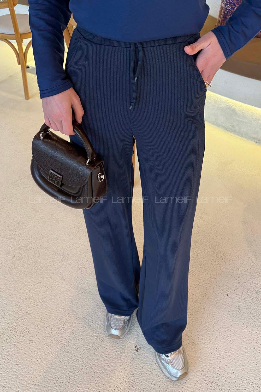 Lamelif Örgü Kumaş Geniş Paça Eşofman Lacivert