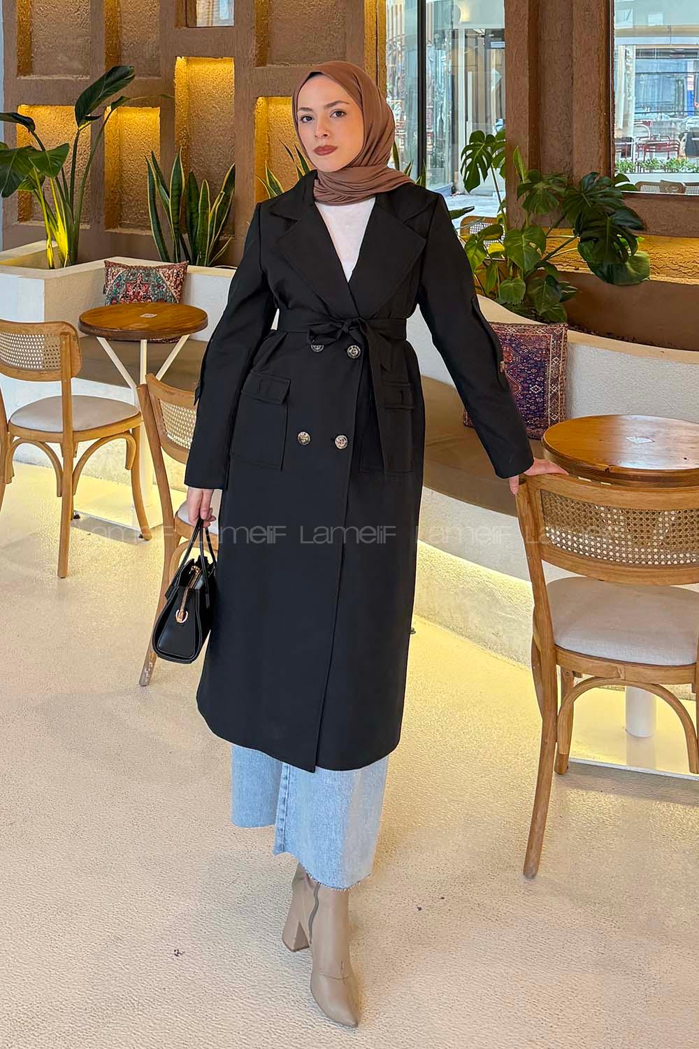 Lamelif Pelican Ön Düğmeli Trençkot Siyah