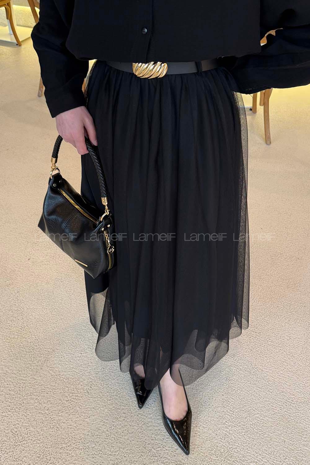 Lamelif Pileli Kemerli Tül Etek Siyah