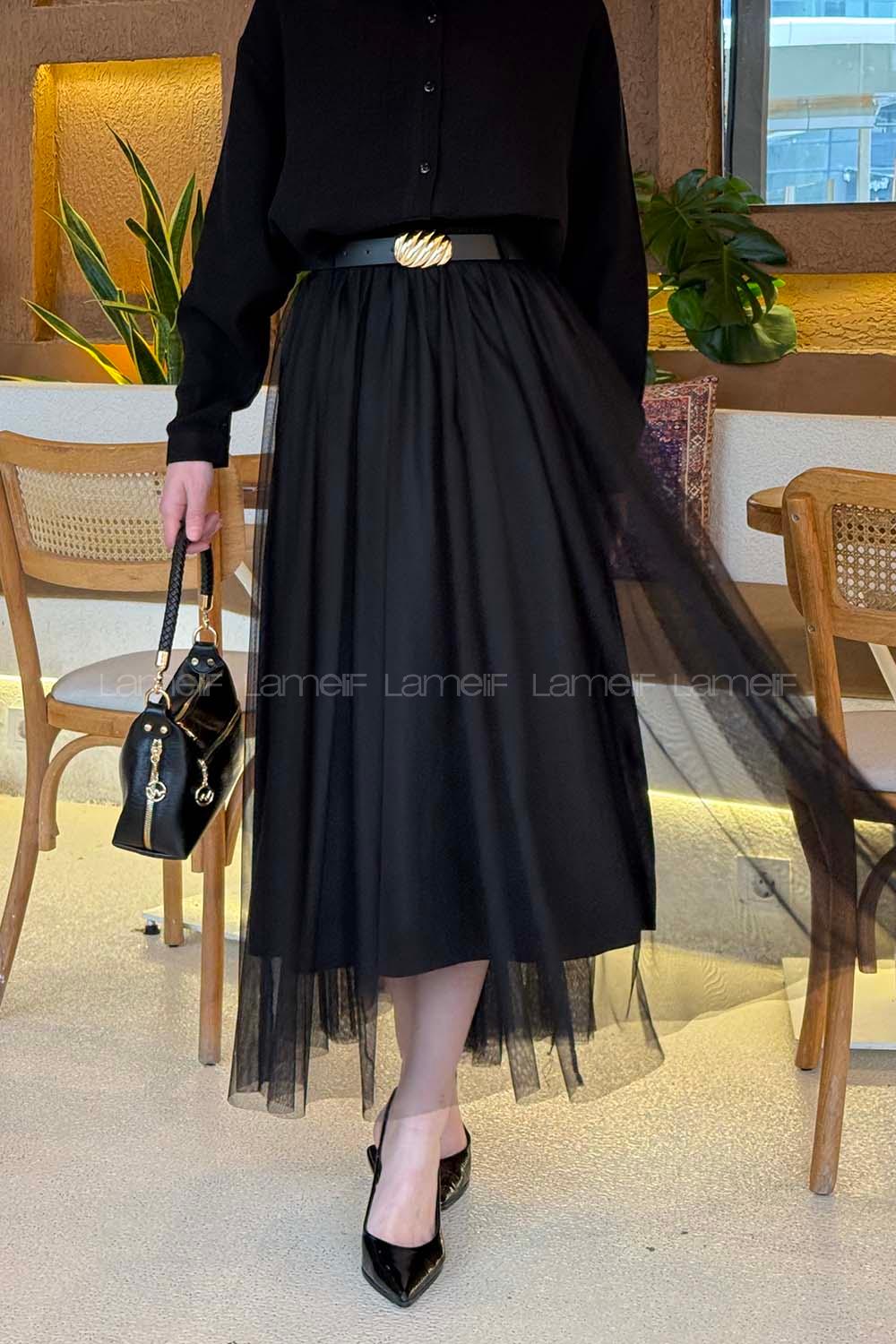 Lamelif Pileli Kemerli Tül Etek Siyah