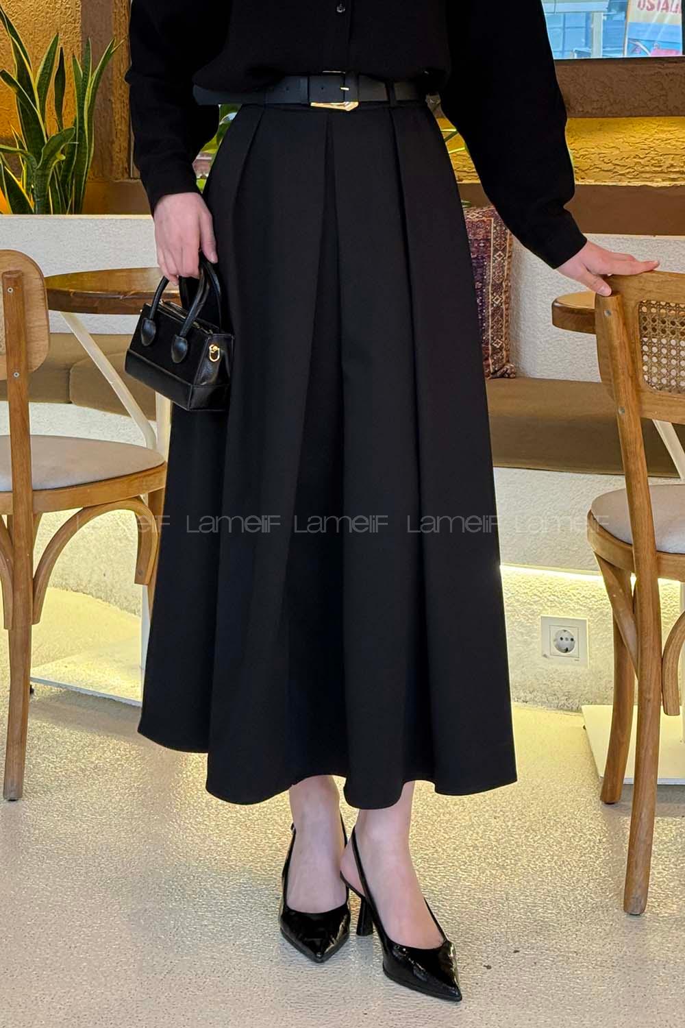 Lamelif Poliviskon Kemerli Etek Siyah