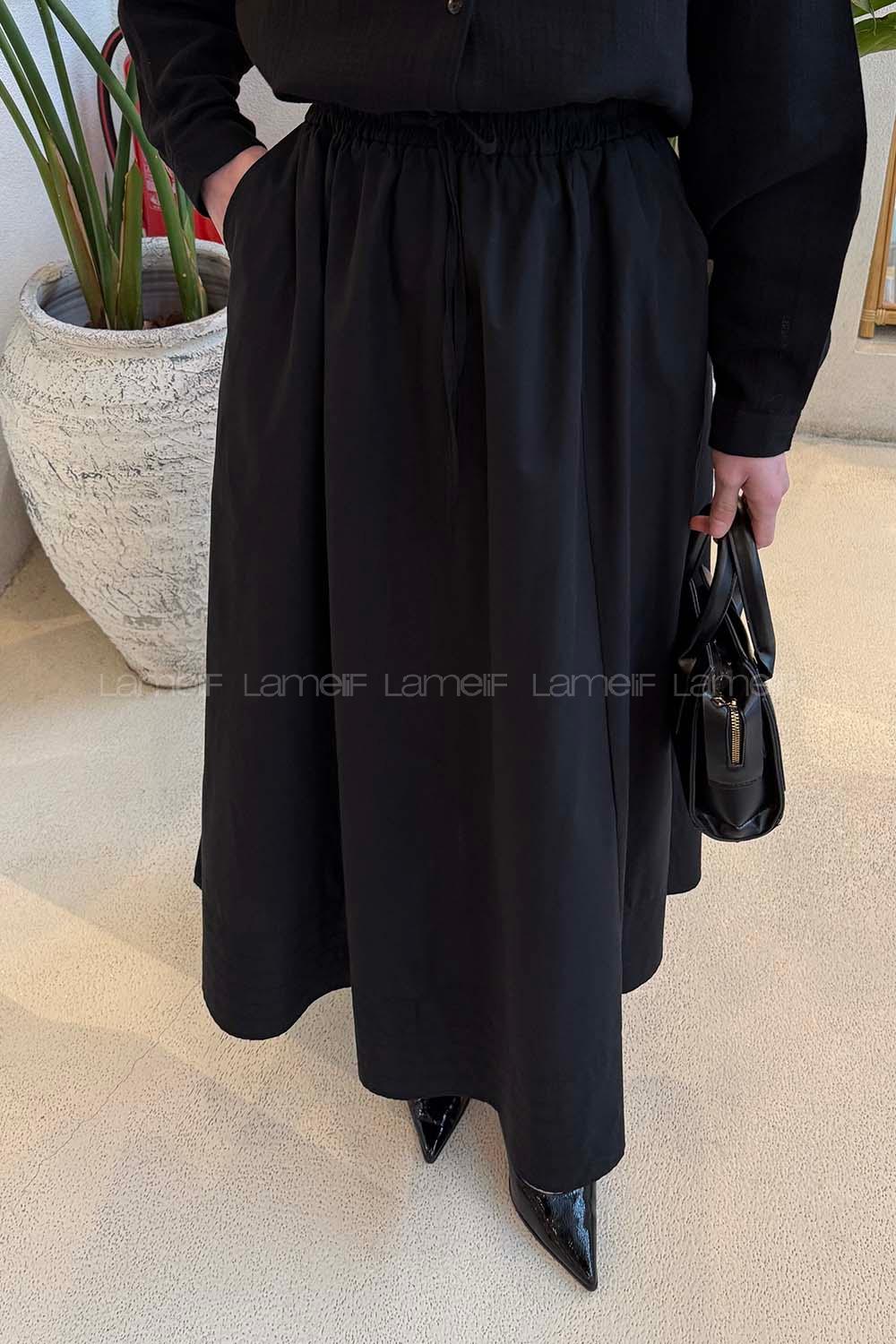 Black Poplin Fabric Flare Skirt