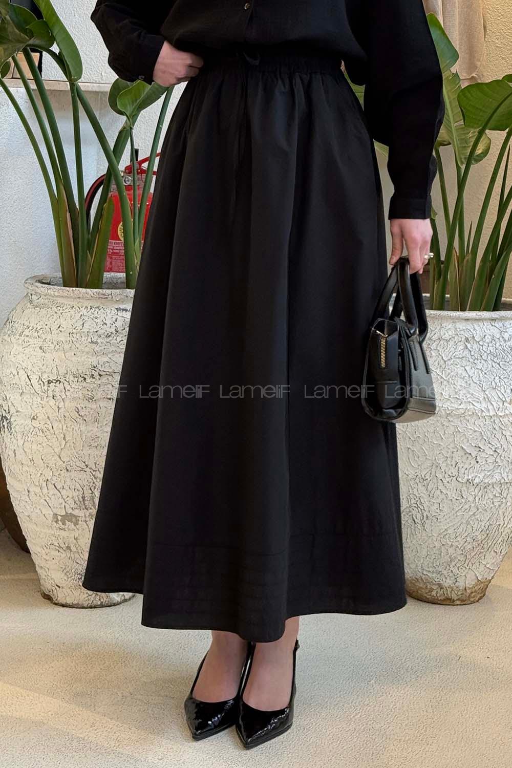 Black Poplin Fabric Flare Skirt