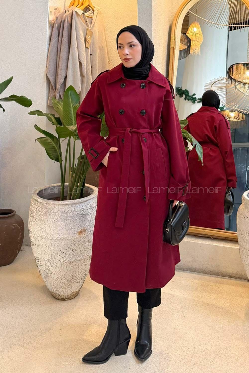 Lamelif Reglan Kol Düğmeli Trenç Bordo