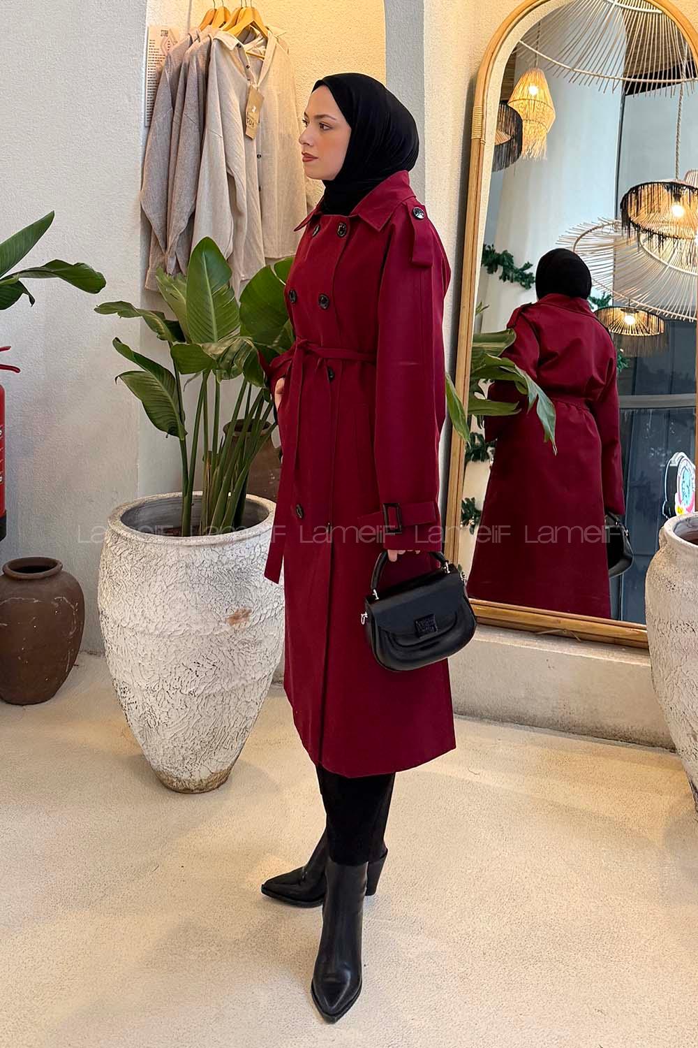 Lamelif Reglan Kol Düğmeli Trenç Bordo