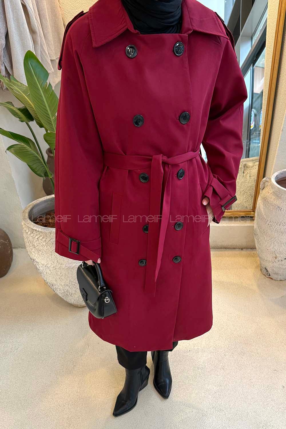 Lamelif Reglan Kol Düğmeli Trenç Bordo